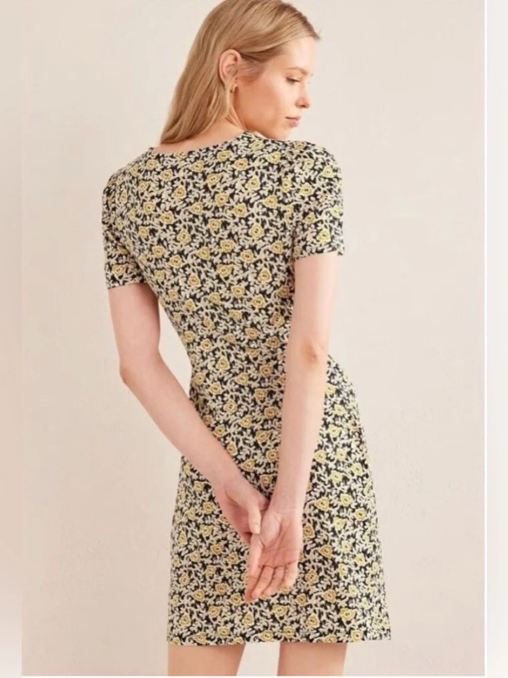 Boden Knot Front Floral Print Jersey Dress, Black/Clover Swirl size 6 R